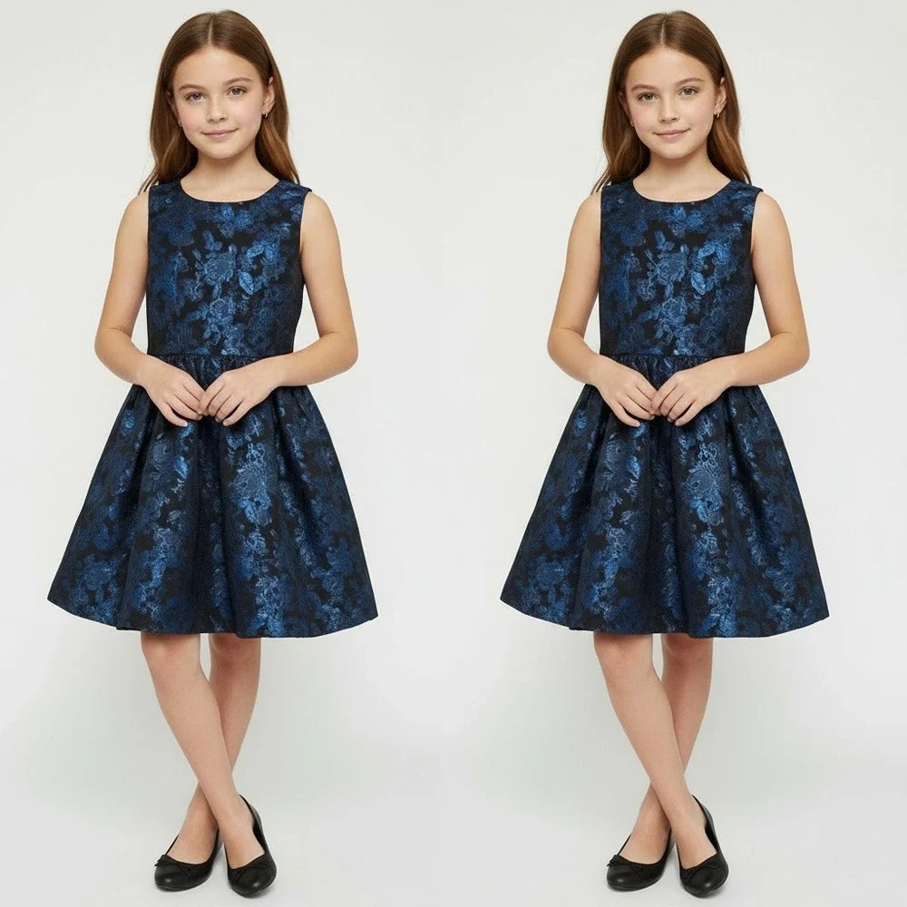 The Childrens Place Girls Navy Blue‎ Floral Brocade Dress Size 6